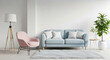 © Tufayel - Modern living room interior with a light blue sofa, a pink armchair, a floor lamp, and a potted plant against a white wall the room has a light wood floor and a light blue rug