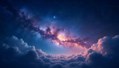 Dreamy Celestial Panorama Above Clouds Vibrant Milky Way Galaxy with Stars and Soft Pink and Blue Clouds at Twilight