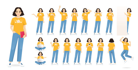 Young beautiful student woman in different poses and expressions set. Isolated vector illustration