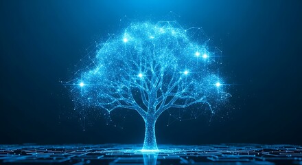 Abstract glowing blue tree made of digital connections and light particles