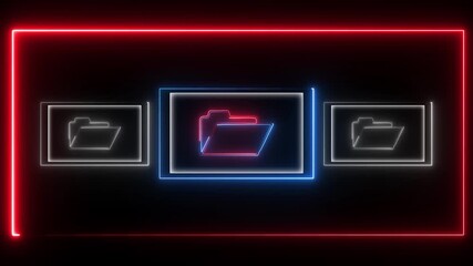 Neon Folder tree line icon on black background Computer network file folder organization structure flowchart. glowing neon page file animation icon. 4K Video motion graphic animation.