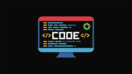 Computer Monitor Displaying Code with Gear Icon and Angle Brackets screen
