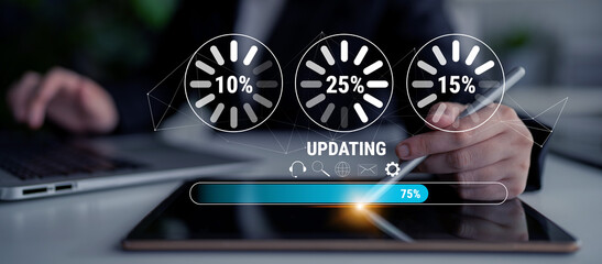 A concept of a system update and software installation. A progress bar and loading icons showing the update percentage and status. Motif