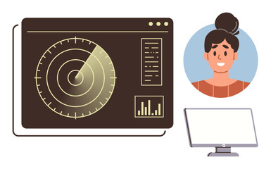 Wall Mural - Radar display emitting signals alongside user data, graph analysis, and smiling individual profile. Ideal for analytics, technology, security, navigation, communication teamwork innovation. Simple