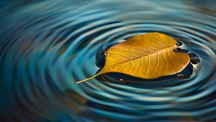 Golden autumn leaf floating on rippling water surface