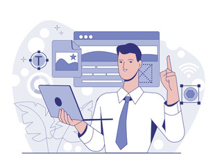 Businessman holding laptop and pointing up surrounded by web interface elements, flat style on abstract background. Concept of website design process. Vector illustration