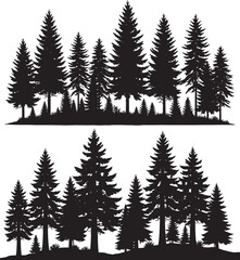 Vector art of a silhouette of a dense forest of pine and evergreen trees isolated on a transparent background
