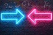 © Vadym - Illustration with two neon arrows, pink and blue, pointing in opposite directions on brick wall with graffiti. Sign symbolizes choices and diverging paths. The concept of decision and options.
