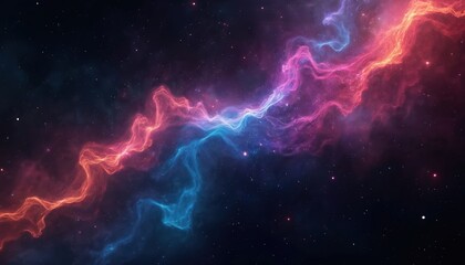 Wall Mural - Vibrant neon light streaks in pink and blue flow across a cosmic black background with stars. Dynamic motion creates a futuristic, galaxy-like appearance, showcasing abstract energy and technology.