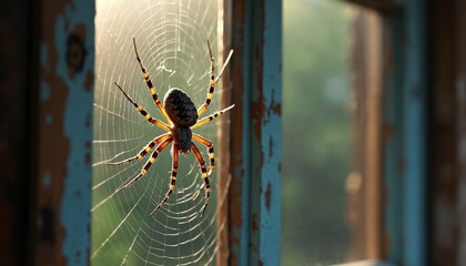 Spider crawls on weathered wooden windowpane covered with delicate web. Natural light illuminates old rustic texture and paint. Creepy atmosphere inside abandoned home with fragile environment.