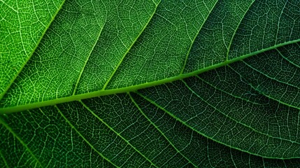 A vibrant green leaf is presented in macro highlighting its intricate vein structure