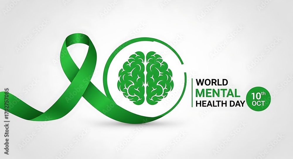 World mental health day october 10, featuring a green ribbon and brain ...