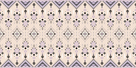  Seamless geometric tribal pattern on a pale beige background. The design features intricate, repeating motifs, including diamonds, chevrons, and stylized hanging elements. pale purple, black and grey.