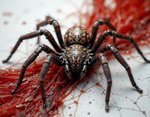 Intricate spider with detailed patterned body rests on red fibrous material