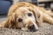 © Dina - Therapy dog lying on rug in counseling office, calm supportive atmosphere. Empathy in dog's eyes. Emotional support pet.