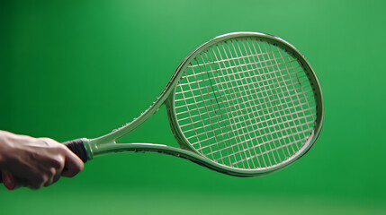 Close-up of a hand holding a tennis racket against a green background.