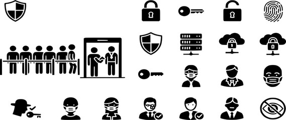 Security line and solid icon set vector. Illustration of Cyber Safety, Privacy, Access Control, and Data Protection