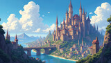 Pixel art fantasy cityscape with detailed architecture, cloudy sky. Majestic castle town on cliffside. Cityscape on sea, bridge, townscape. Illustration of beautiful fantasy world. Perfect for games,