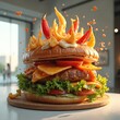 © Vadym - Fusion food art burger sculpture. Creative concept for menu restaurant promo. Gourmet burger with cheese, tomatoes, lettuce, sauces. Asian fusion. Spicy peppers, fried onion rings decor. Modern art.