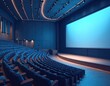 © Vadym - Spacious blue-toned auditorium with tiered seating facing large projection screen. Interior lighting creates learning environment, ideal for educational seminars. Modern architecture with stage,