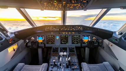 Aircraft cockpit interior with complex avionics system and scenic sky view, creating a sense of flight and cutting-edge technology on commercial airliner.