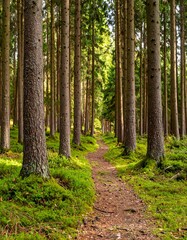  Sunlit path through a dense forest