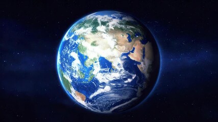 Earth rotating in deep space, clouds cover continents and blue oceans, view of Asia, digital rendering