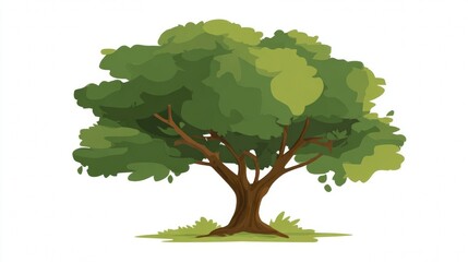 Single oak tree in the summer forest, with lush green foliage and strong branches, vector illustration