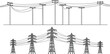 © Riyaj Vector Valley - Power lines drawing, wooden utility poles, lattice transmission towers, electrical infrastructure, energy distribution, utility poles sketch, high voltage lines