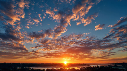 Wall Mural - breathtaking sunset over serene landscape, showcasing vibrant orange and blue hues in sky, with scat