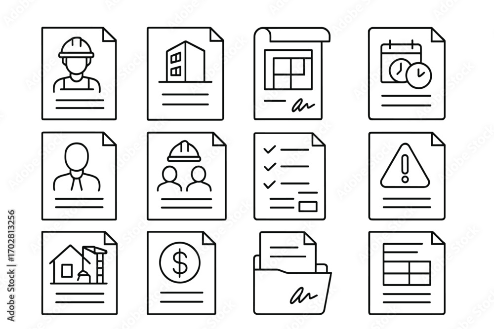 Contractor Icon Writing Construction Contract Icons. Line style icons of construction contracts ...