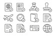 © Vector - Travel Document Icons. Line style icons of visa and travel approvals: approved passport, accepted visa application, customs