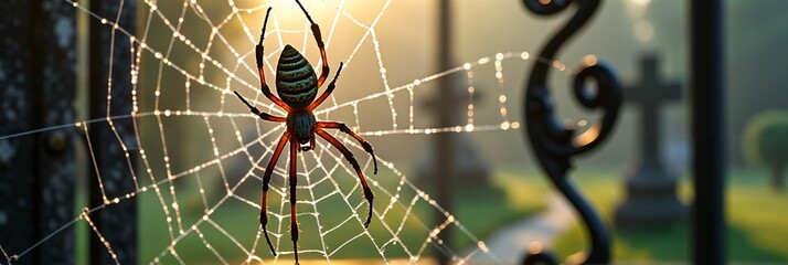 Close-up of spider on dew-covered web at sunrise in a cemetery