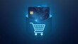 © TopImage - Credit card payment concept showing digital transaction with shopping cart symbol, e-commerce business, online shopping, secure checkout, finance technology background, blue glowing design, retail in