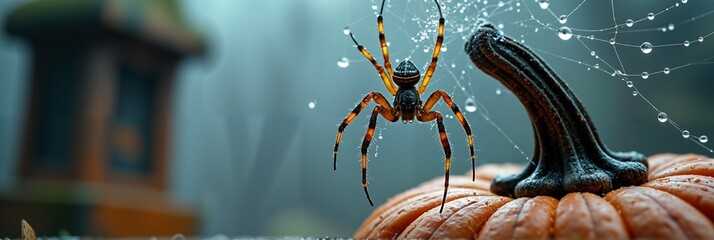 Spider on dewy web beside pumpkin in misty fall garden
