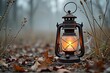 © Beniamin - Rustic lantern glowing amidst autumn leaves in misty forest setting