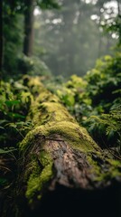 Wall Mural - Mossy Log in Lush Forest: A Serene Woodland Scene with Natural Greenery and Tranquil Ambiance