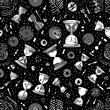 © Володимир Кучмійов - Seamless Hourglass Pattern with White Silhouettes, Cosmic Stars, Abstract Shapes and Geometric Elements on Black Background