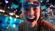 © Caspernik - Ecstatic young female swimmer with blue goggles celebrating in indoor pool with water splashing around her face under colorful lighting in recreational sports setting