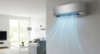 © Margarita Ratatosk - Air conditioner on wall providing cool air in a bright modern living room. Cooling appliance for comfortable home environment.