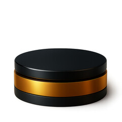 Sleek Black and Gold Cylindrical Display Platform on Dark Background Keywords: podium, display, platform, stage isolated on a transparent background