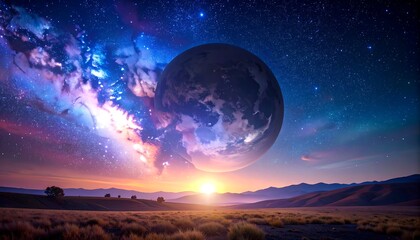 A celestial sphere dominates a starry sky, setting sun illuminates a vast field, mountains in the distance