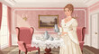 © dorahman - Elegant lady pouring tea in a vintage room with pink walls and ornate decoration offering a