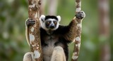A wild Indri lemur with black and white fur holding onto tree trunks in a Madagascar jungle.