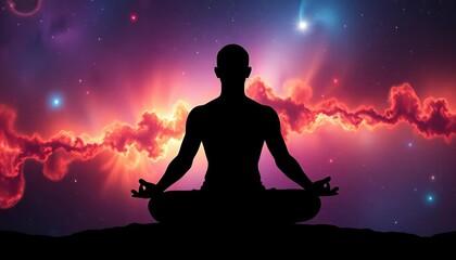 Wall Mural - Silhouetted figure in lotus pose against a cosmic nebula backdrop, black, meditation