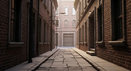  Narrow Brick Street Alleyway, Cobblestone Road, Urban Cityscape, Vintage Architecture, Sunset, Evening Light, 3D Render, Background, Texture