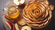 © Thoriqprabu - Artisanal apple tart with rose-shaped sliced apples accompanied by apple cider presentation