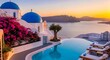 © Selendang - Santorini's iconic blue domes overlooking Aegean Sea at vibrant sunset