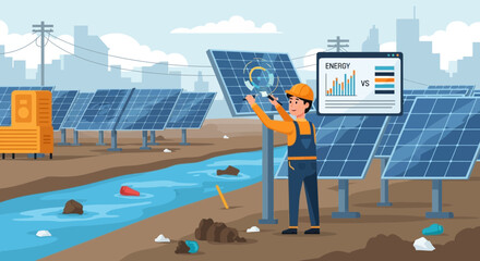 Solar panel engineer inspecting panel array with energy output chart in background