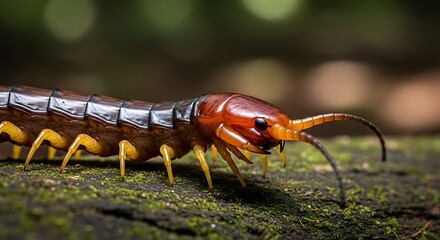 Close-up of a giant centipede in a rainforest habitat exhibiting natural camouflage